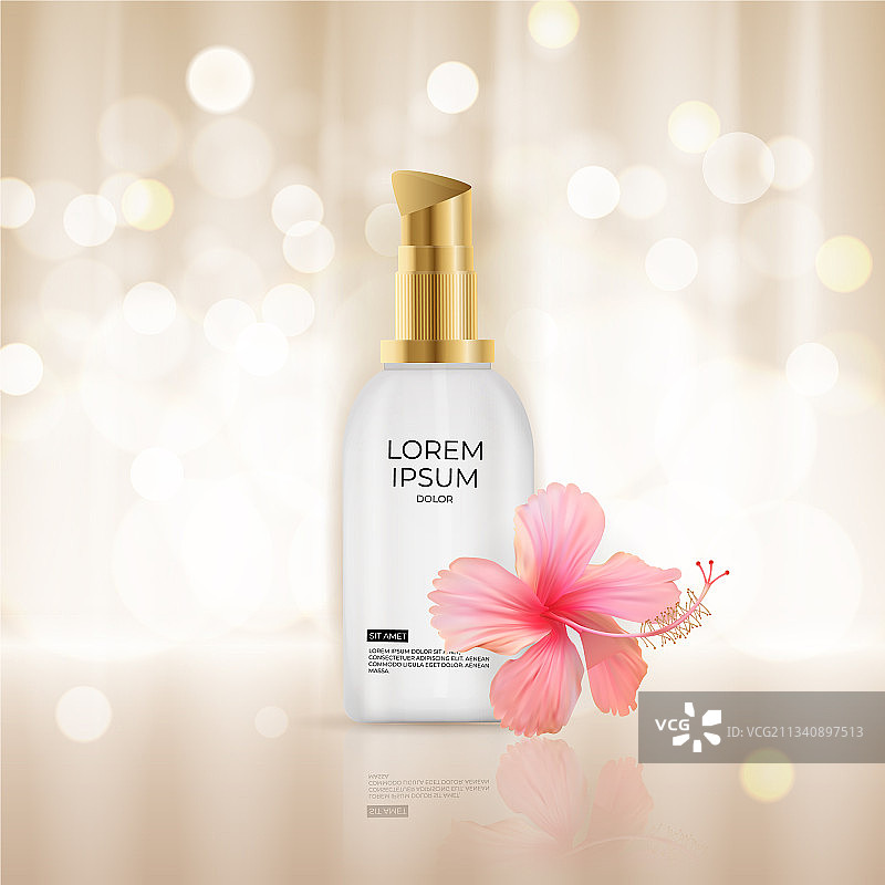 3D逼真粉色奶油瓶与芙蓉花图片素材