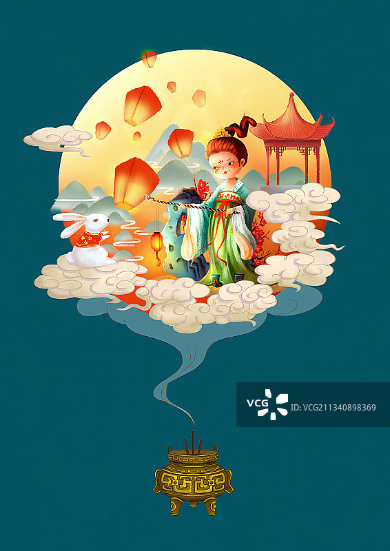 中秋节唐朝女子放天灯图片素材