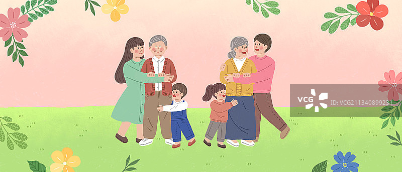 三代家庭拥抱，春花相框图片素材