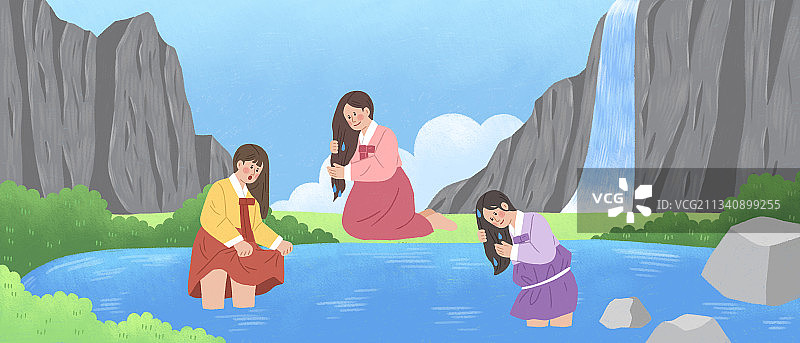 韩国历史文化：穿着韩服在水中洗头的女人图片素材