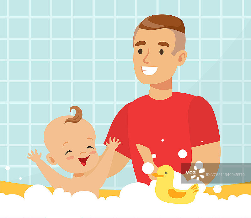 快乐的爸爸给宝宝洗澡图片素材