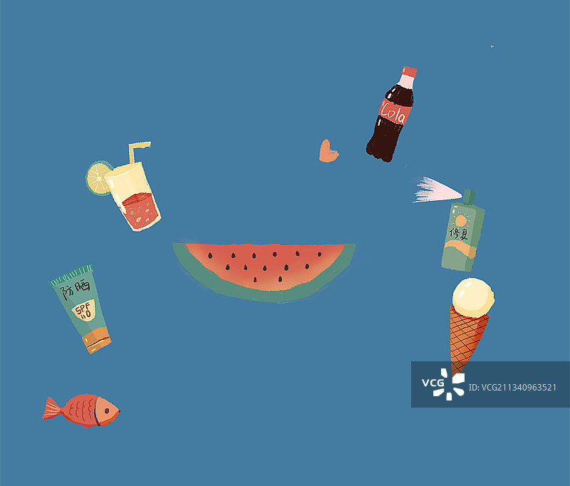 夏天手绘风格透明背景素材图片素材