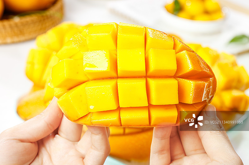 手拿切开的水仙芒图片素材