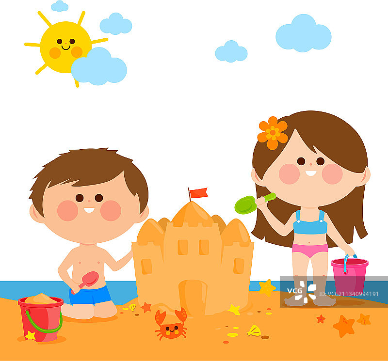 孩子们在海滩上建造沙堡图片素材