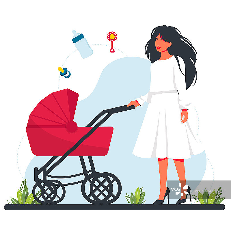 穿着连衣裙推着婴儿车的漂亮女人，孤独的母亲图片素材