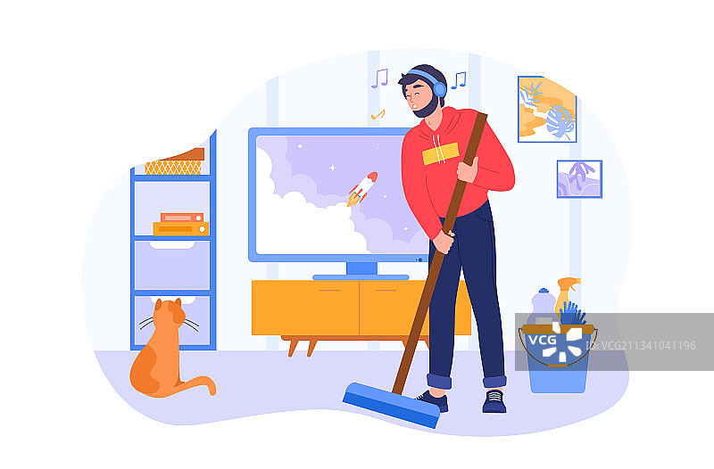 男人在客厅扫地图片素材