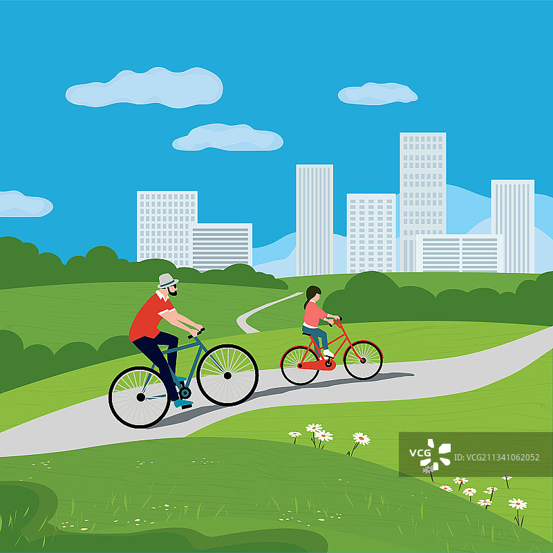 父女在城市公园骑自行车图片素材