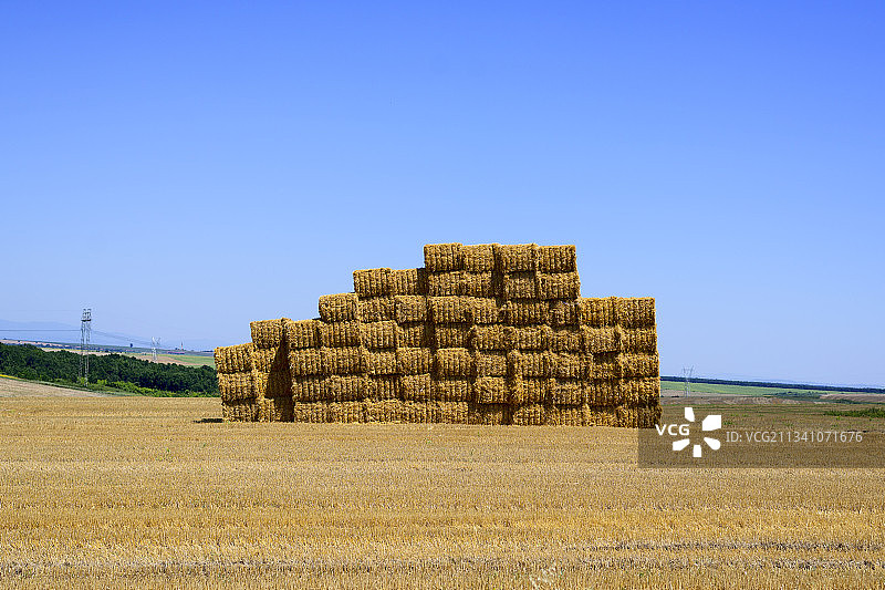 保加利亚清澈蓝天下田野上的干草堆美景图片素材