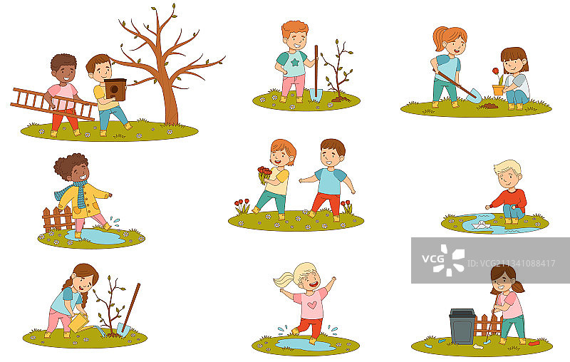 孩子们在春天里快乐地玩水图片素材