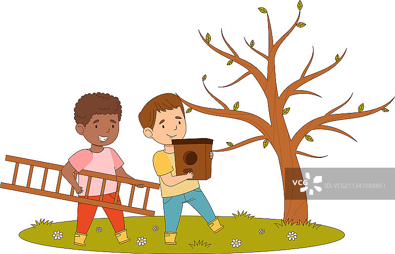 快乐男孩手持鸟巢箱与梯子图片素材