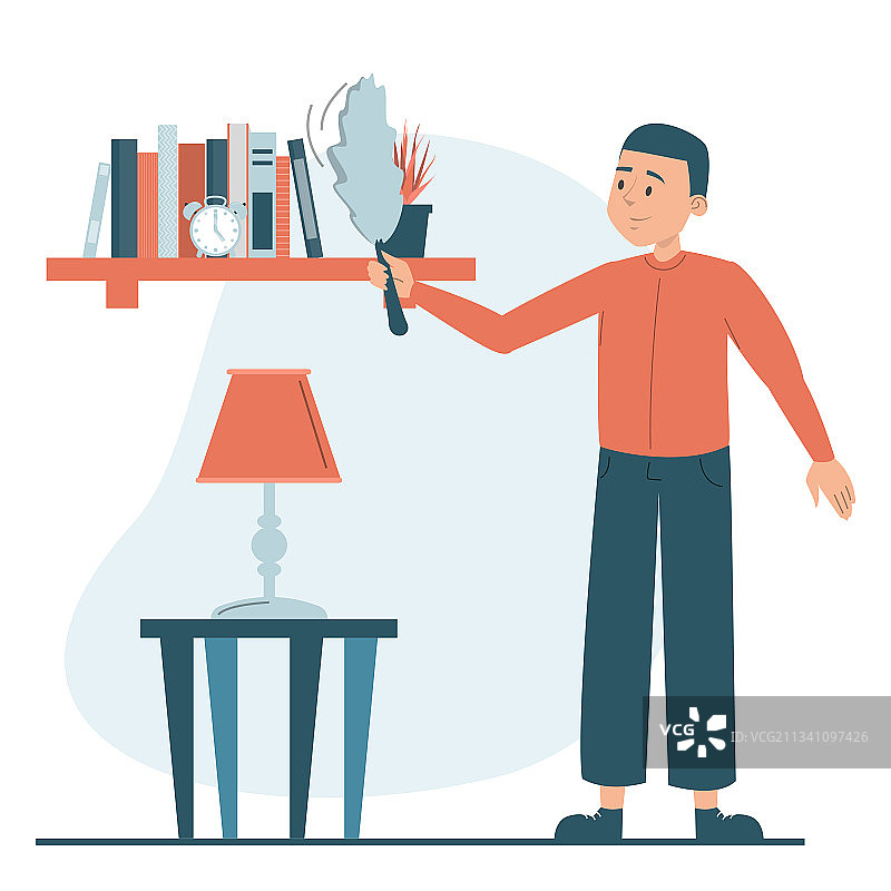 男人擦拭架子上的灰尘图片素材