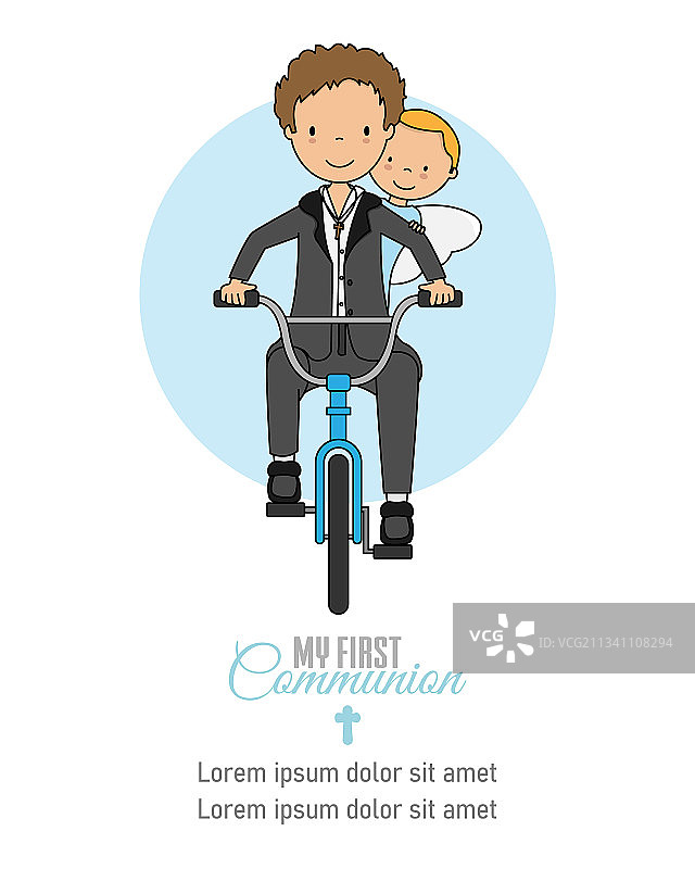 我的第一次圣餐卡男孩和天使在自行车上图片素材