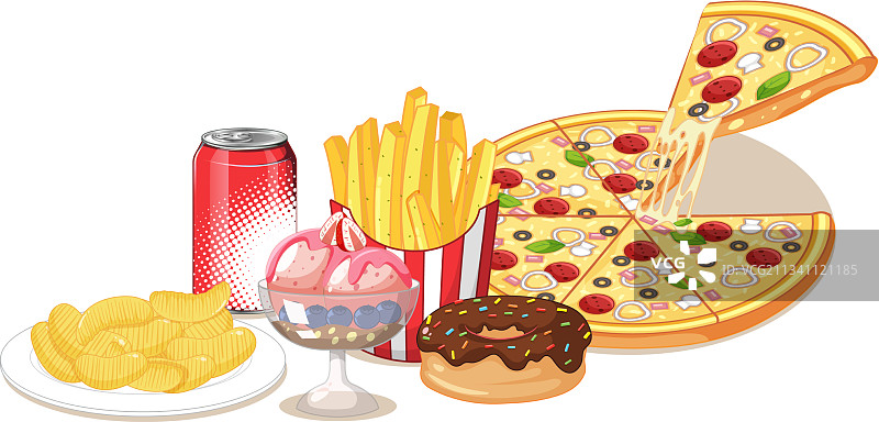 白色背景下的垃圾食品和甜食图片素材