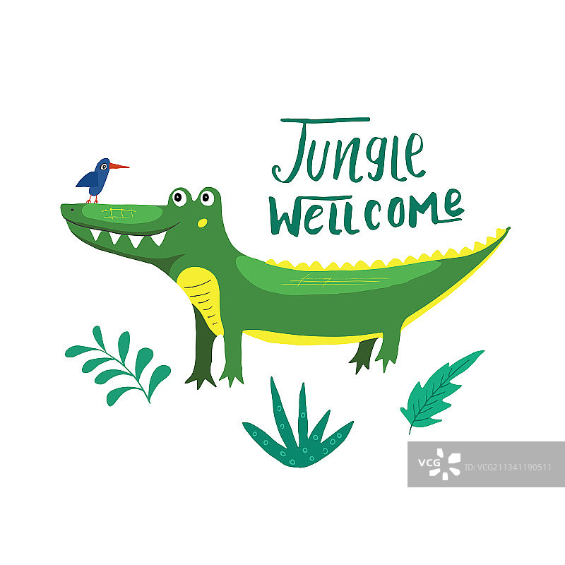 可爱的鳄鱼带有丛林欢迎字样图片素材