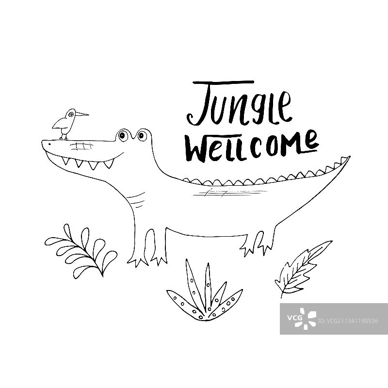 可爱的鳄鱼带有丛林欢迎字样图片素材