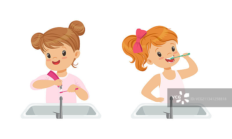 可爱的小女孩刷牙日常图片素材
