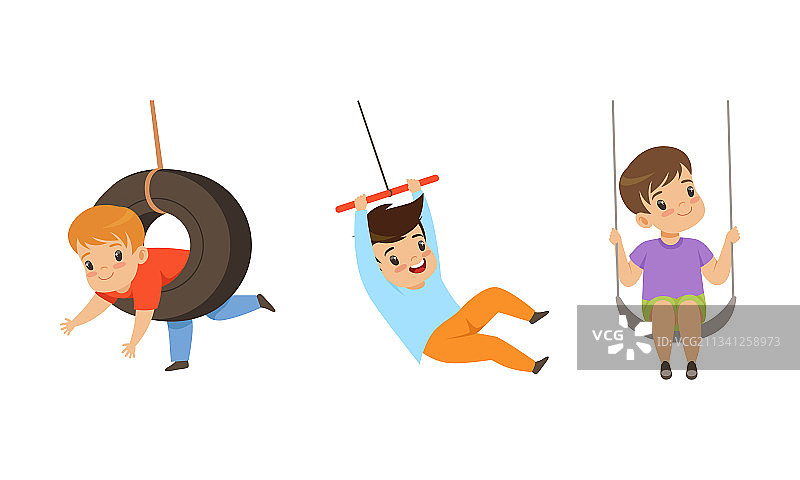 学龄前儿童在绳索秋千上荡秋千图片素材