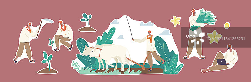 印度农民工作人物贴纸套装图片素材