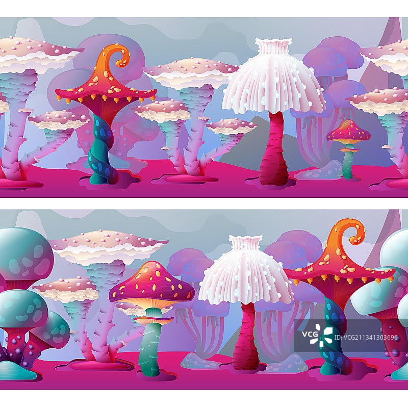 彩色梦幻魔法蘑菇无缝边框图片素材
