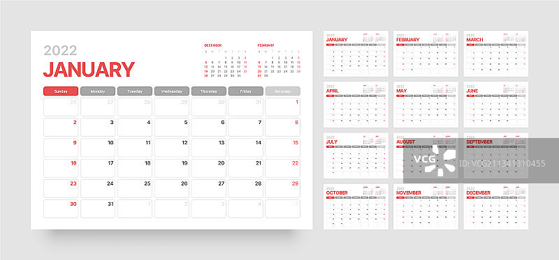 2022年日历模板，每周开始图片素材