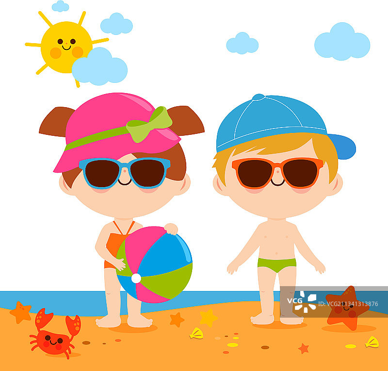 戴帽子墨镜海滩上的儿童图片素材