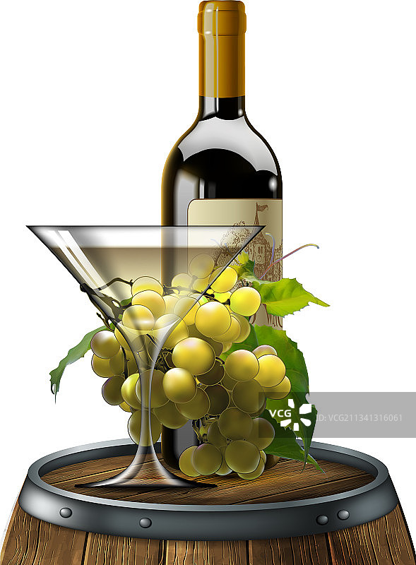 玻璃白葡萄酒瓶和葡萄串图片素材