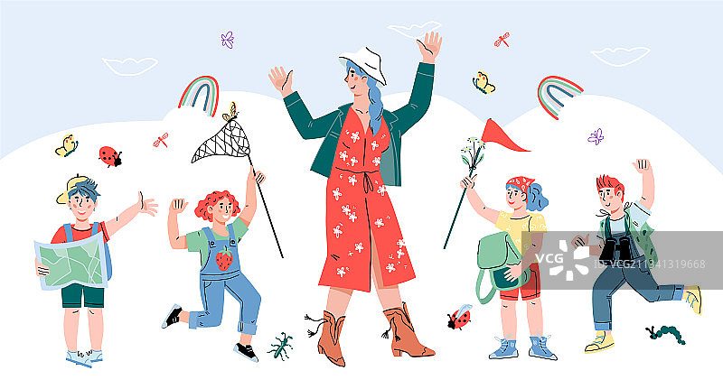 孩子们和老师一起学习植物学或生物学图片素材