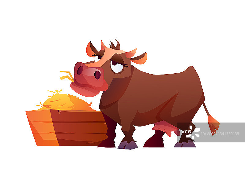 乡村奶牛吃干草卡通动物图片素材