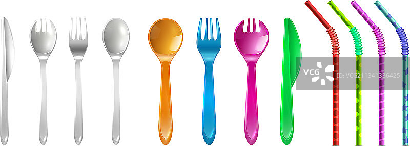 塑料餐具和彩色饮料吸管图片素材