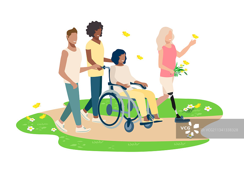 朋友们和残疾朋友一起散步图片素材