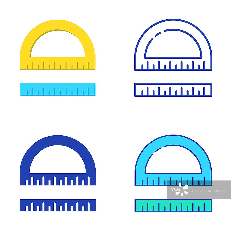 扁平风和线条风格的量角器和标尺图标集图片素材