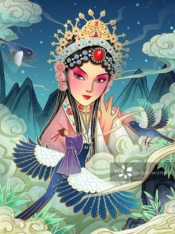七夕节京剧牛郎织女喜鹊云纹假山插画图片素材