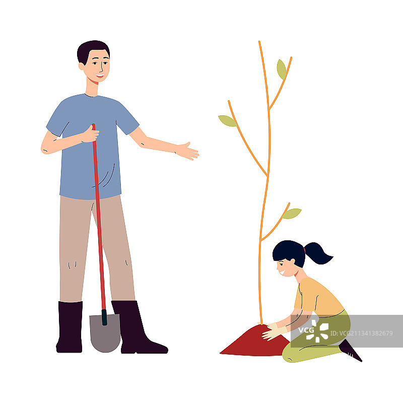 农民家庭父女植树图片素材