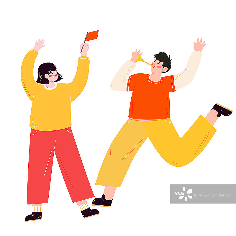 年轻人举着旗帜吹着喇叭欢呼庆祝矢量人物插画元素图片素材