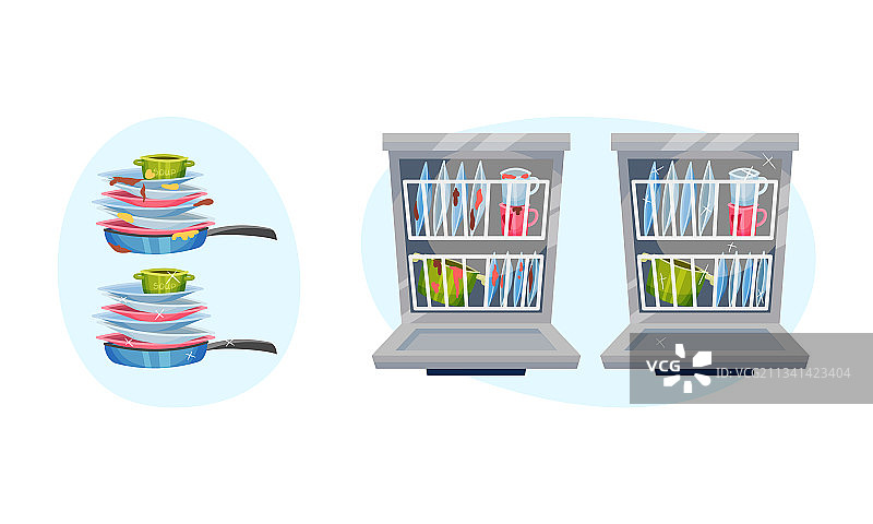 堆叠的干净和脏的餐具图片素材