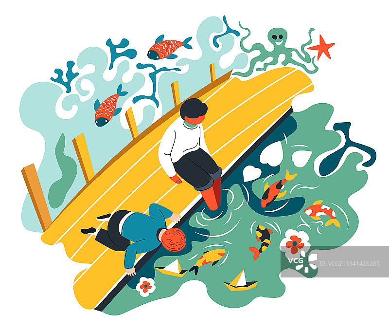 孩子们在带锦鲤鱼的池塘花园里玩耍图片素材