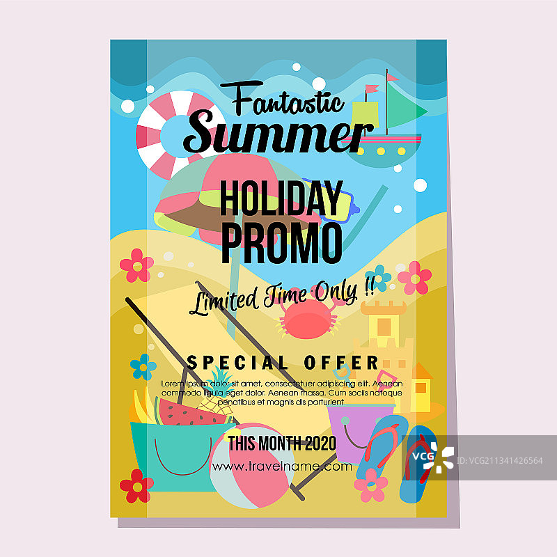 夏季假日扁平风格海滩宣传海报图片素材