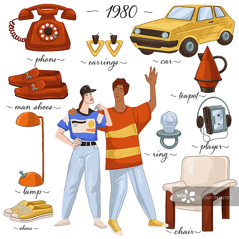 80年代的时尚服装、家具和物品图片素材