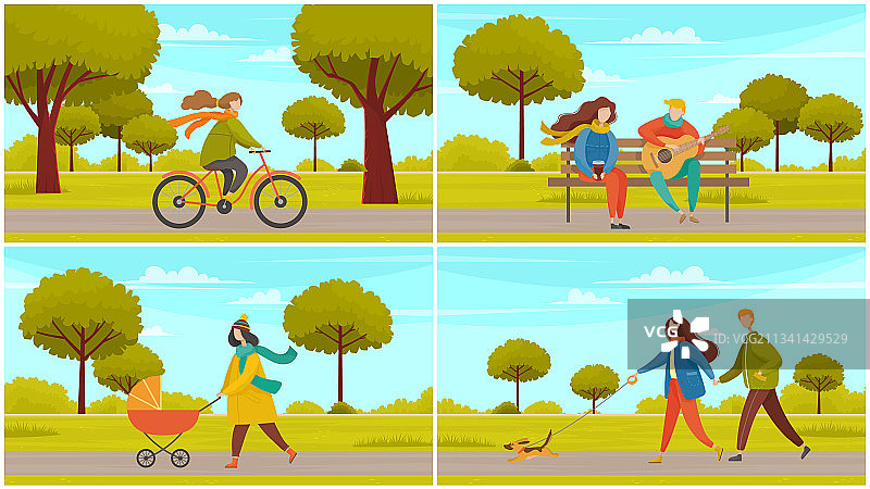 城市公园场景中的母女散步图片素材