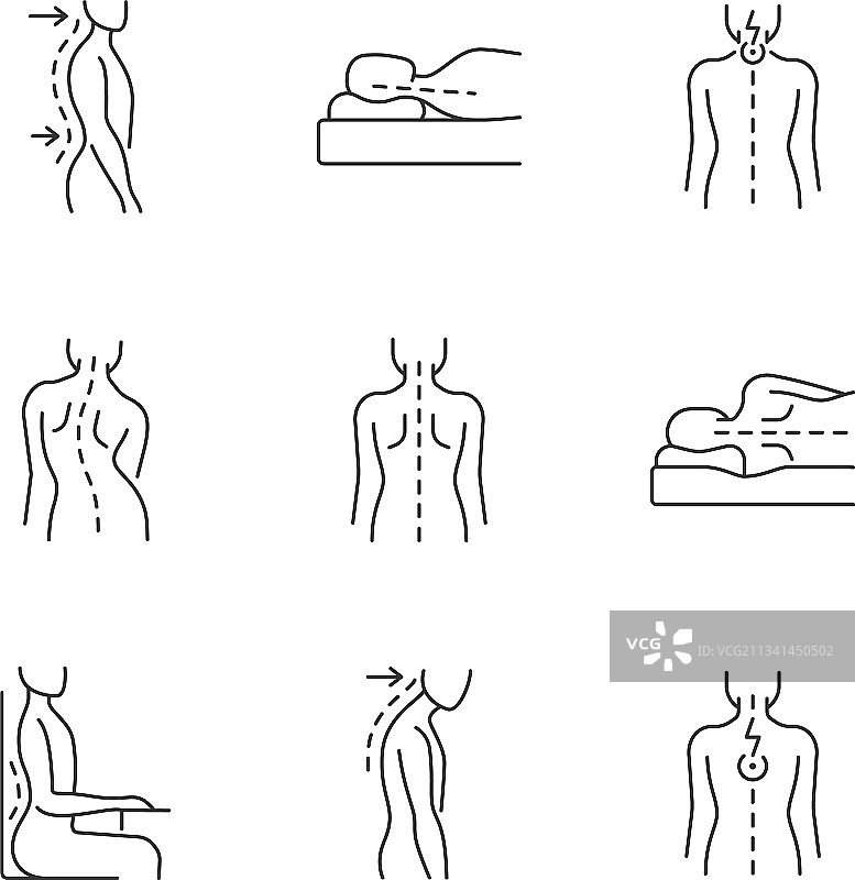 背部和姿势问题线性图标集图片素材
