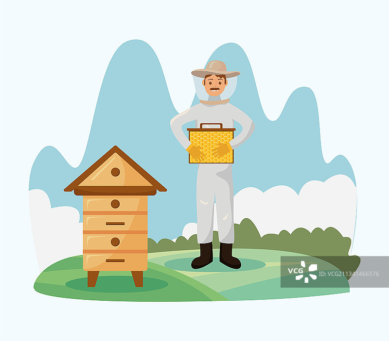 有蜂箱的养蜂人图片素材