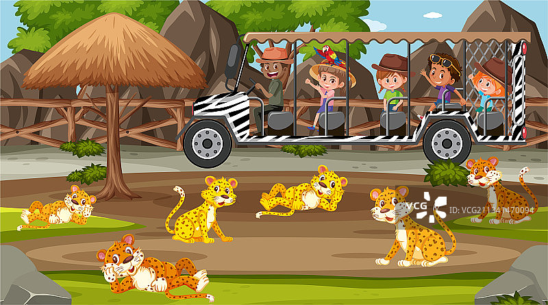 孩子们在游览车上观看的野生动物场景图片素材