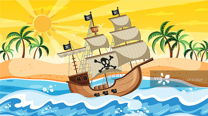 日落时分的海滩场景与海盗船图片素材