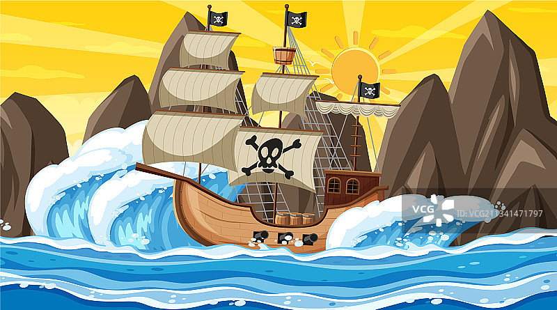 日落时分的海洋海盗船场景图片素材