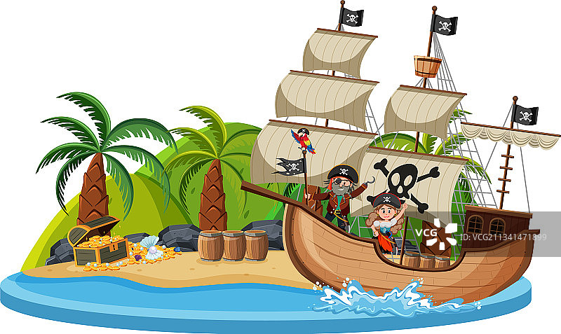 岛屿上的海盗船和孩子们图片素材