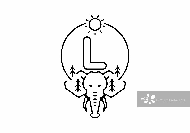 带有L字母的黑色线条大象头艺术图片素材