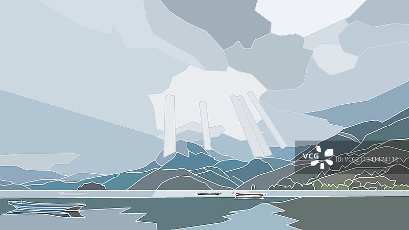 风景,湖,山,雾,阳光,船图片素材