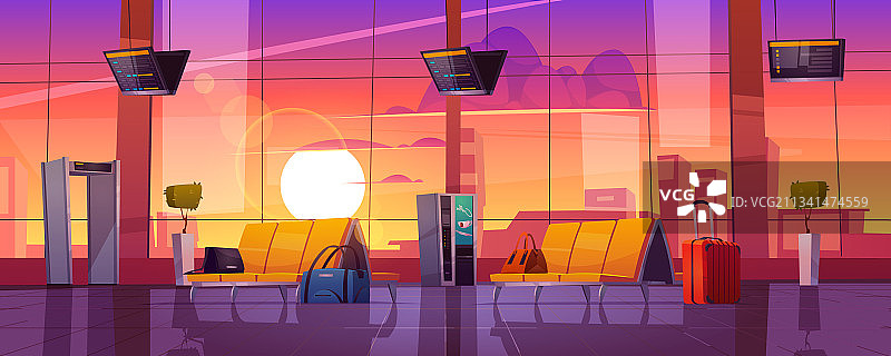 日落时分的机场航站楼和行李图片素材