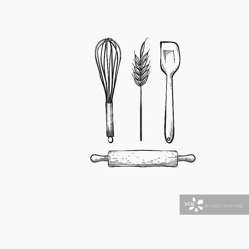 面包师用具和小麦手绘设计图片素材
