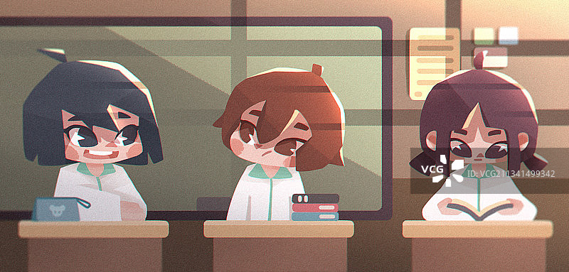 开学三个学生在教室上课图片素材